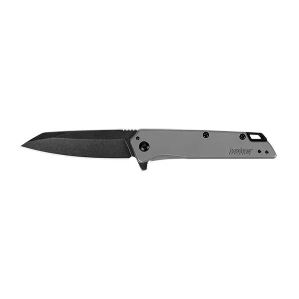 primary-52338 Kershaw Misdirect Folding Knife, open side view with black tanto blade and gray handle