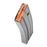 C Products Defense Inc. DuraMag AR Magazine curved gray magazine with orange follower, angled view
