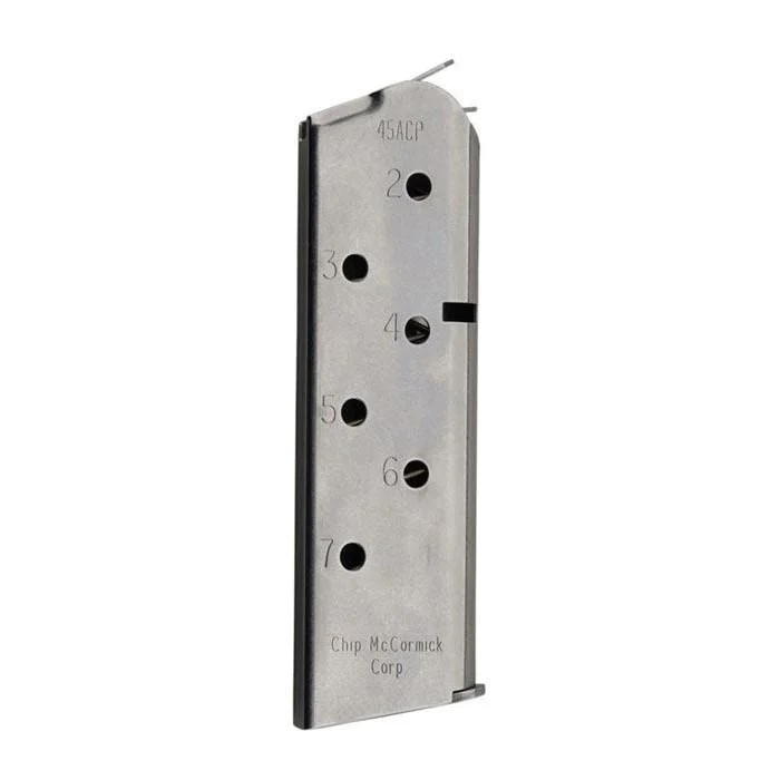 primary-52349 Chip McCormick Shooting Star Officer's 1911 stainless magazine, side view with witness holes