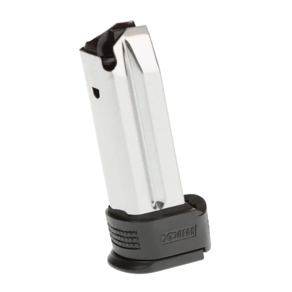 Springfield XD Magazine, angled view with silver body, black follower and black base plate