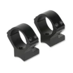 TALLEY LW Rings, black angled view of two round scope rings with mounting bases