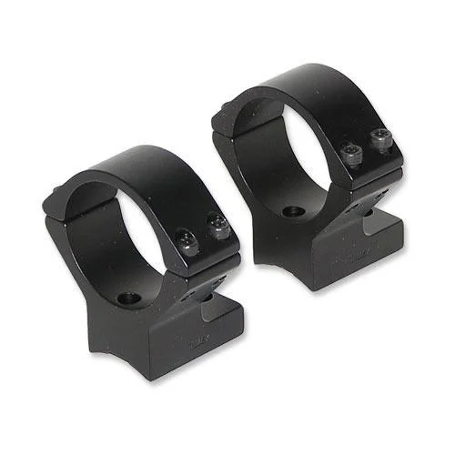 TALLEY LW Rings, black angled view of two round scope rings with mounting bases