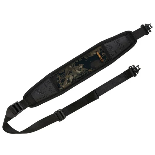 Gsm Muddy Pathfinder Rifle Sling, black and grey camouflage sling laid flat with swivels