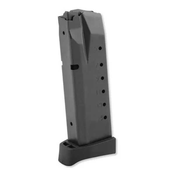 ProMag SMI-A19 handgun magazine, angled side view in dark blued steel with black base plate