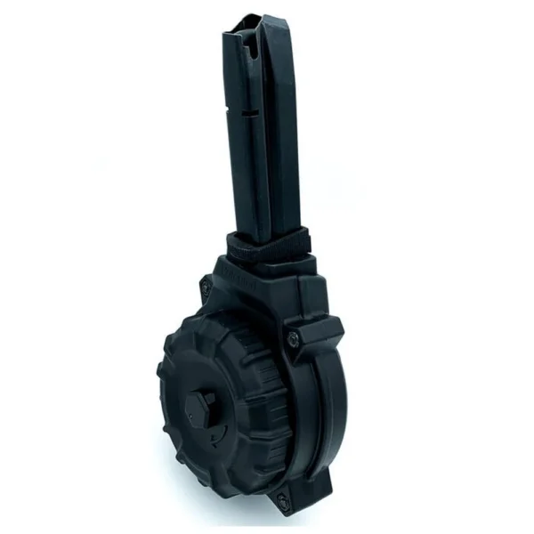 Promag Smith & Wesson SD9 Handgun Magazine, black polymer drum magazine in angled view