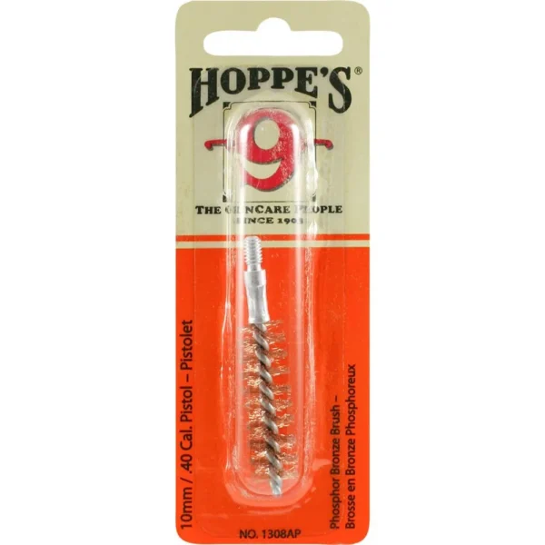 Hoppe's Phosphor Bronze Brush, bronze bore brush in orange and beige retail packaging