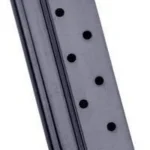 Mec-Gar 1911 Magazine, blued metal magazine with witness holes, angled side view