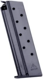 Mec-Gar 1911 Magazine, blued metal magazine with witness holes, angled side view