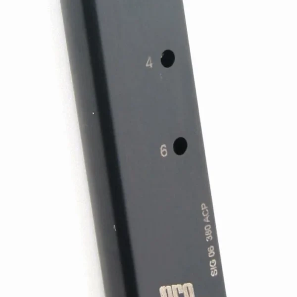ProMag Sig Sauer P230 Magazine black steel magazine in angled side view with extended base