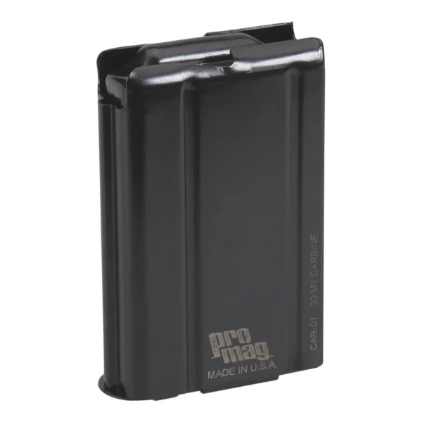 ProMag Springfield M1 Carbine Magazine, black front view with ribbed steel body and angled top