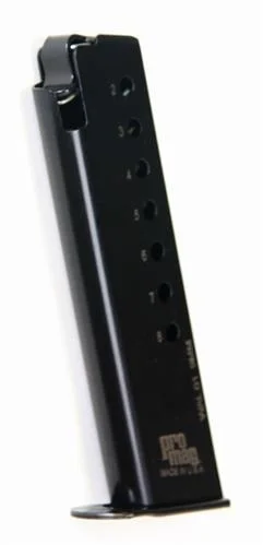 ProMag Walther P38 Magazine, blued steel magazine in angled side view with witness holes