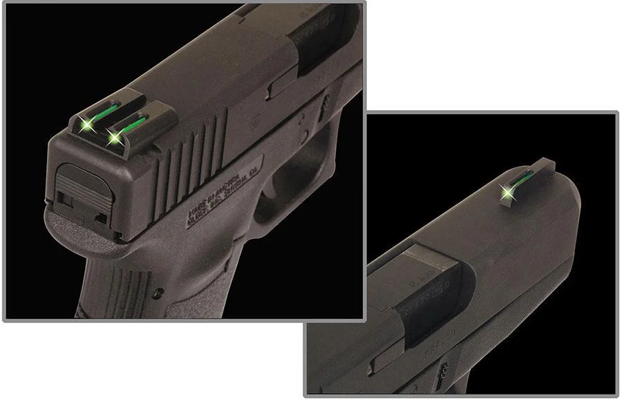primary-52475 Truglo TFO black pistol sight set, rear and top views with green inserts