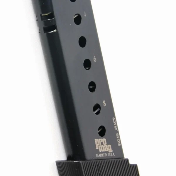ProMag Sig Sauer P220 Magazine, blued steel angled side view with witness holes and extended base