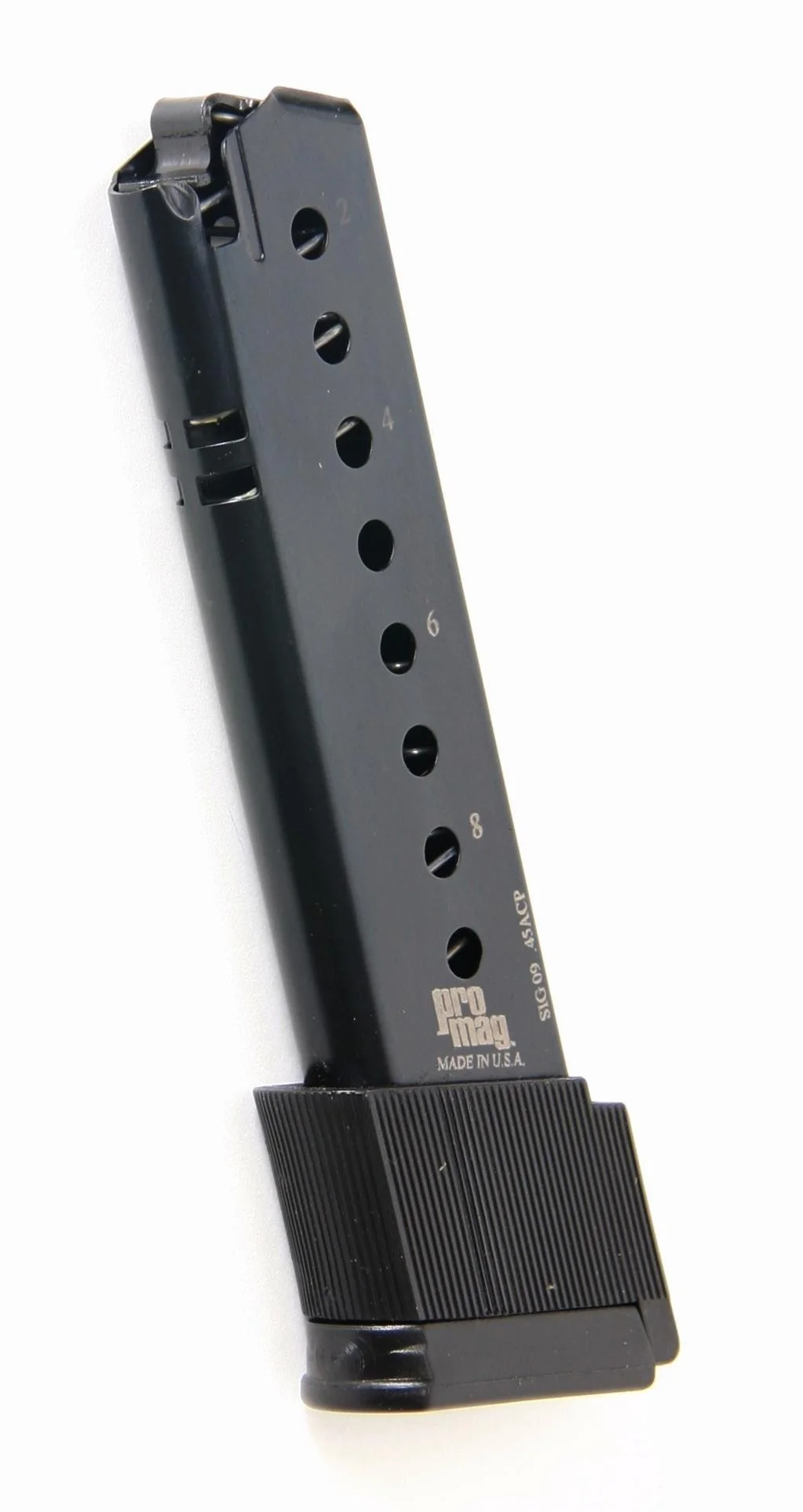 primary-52478 ProMag Sig Sauer P220 Magazine, blued steel angled side view with witness holes and extended base