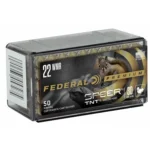 Federal Varmint & Predator Speer TNT rimfire ammunition, angled view of black 50-count box