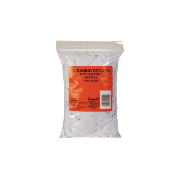 Southern Bloomer .223 Cleaning Patches, clear bag with orange label and white cotton patches