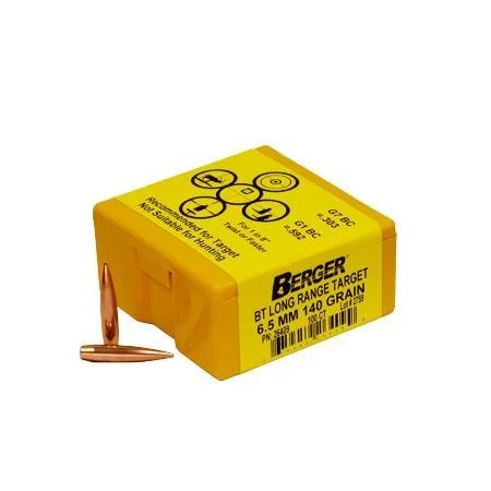 Berger Match Grade Target Bullets, yellow box with two copper-colored pointed bullets