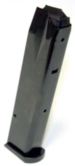ProMag P-Series 9mm Magazine, angled view of long blued steel magazine with black baseplate
