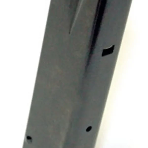 ProMag P-Series 9mm Magazine, angled view of long blued steel magazine with black baseplate