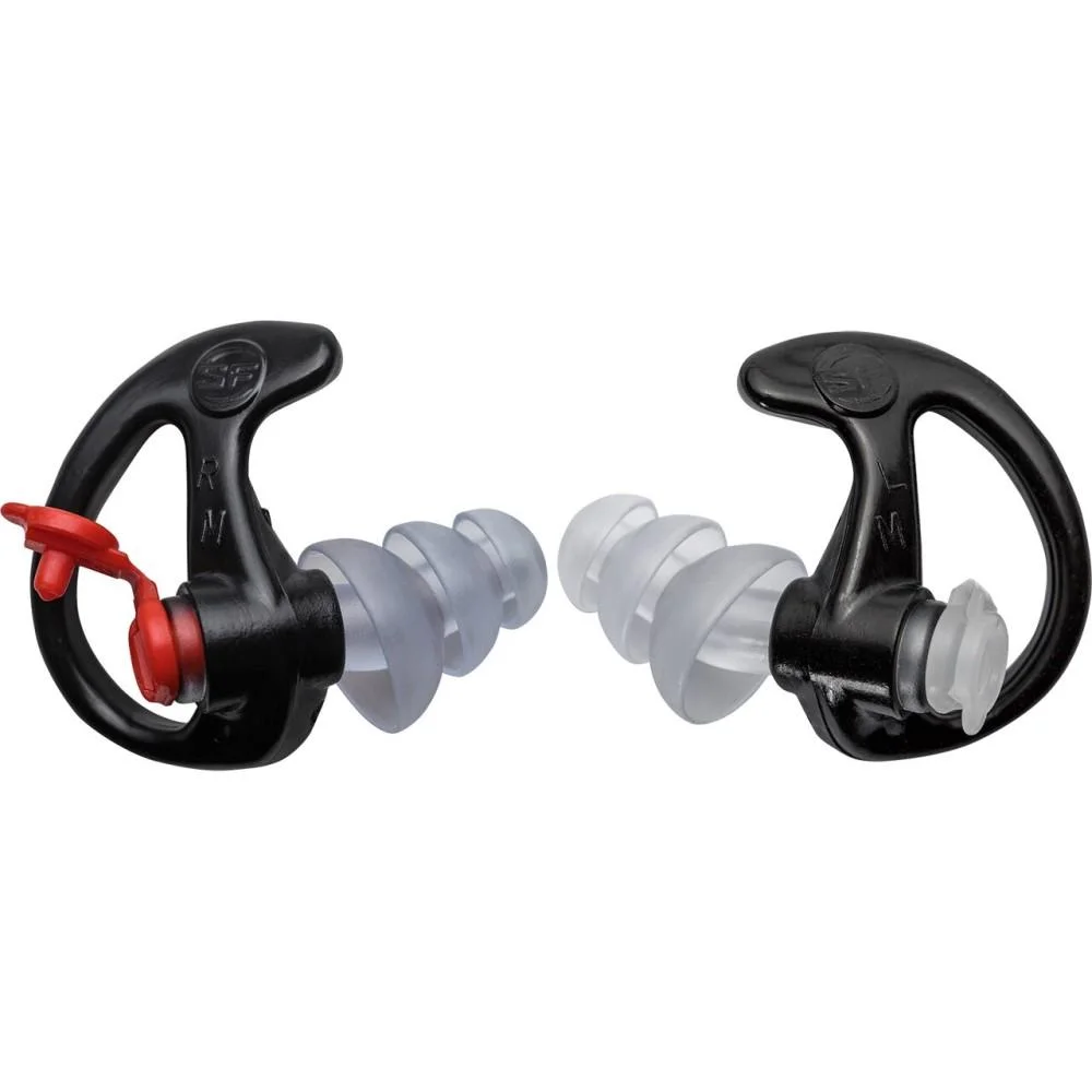 primary-52538 Surefire EP4 Sonic Defenders Plus, black ear plugs with gray tips and red retention cord