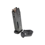 Ruger Security 380 black handgun magazine, angled view with loader beside it