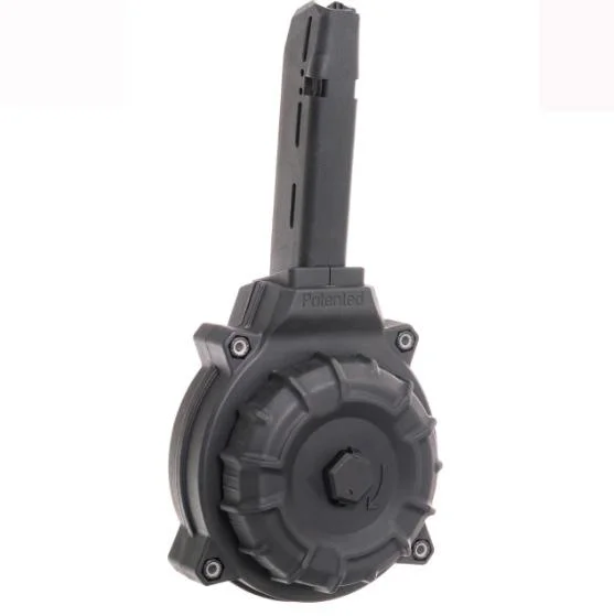 ProMag Handgun Magazine Drum in black, front view with polymer drum and extended magazine