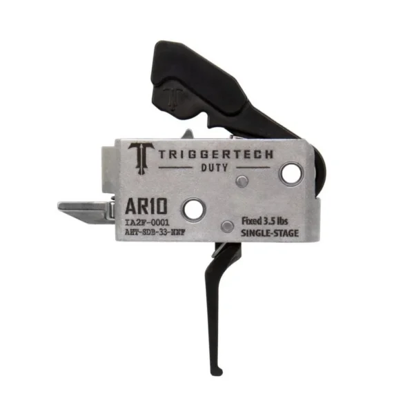 TriggerTech TRIGRTECH AR10 DUTY FLAT 3.5LB BLK, side view of silver housing and black flat trigger