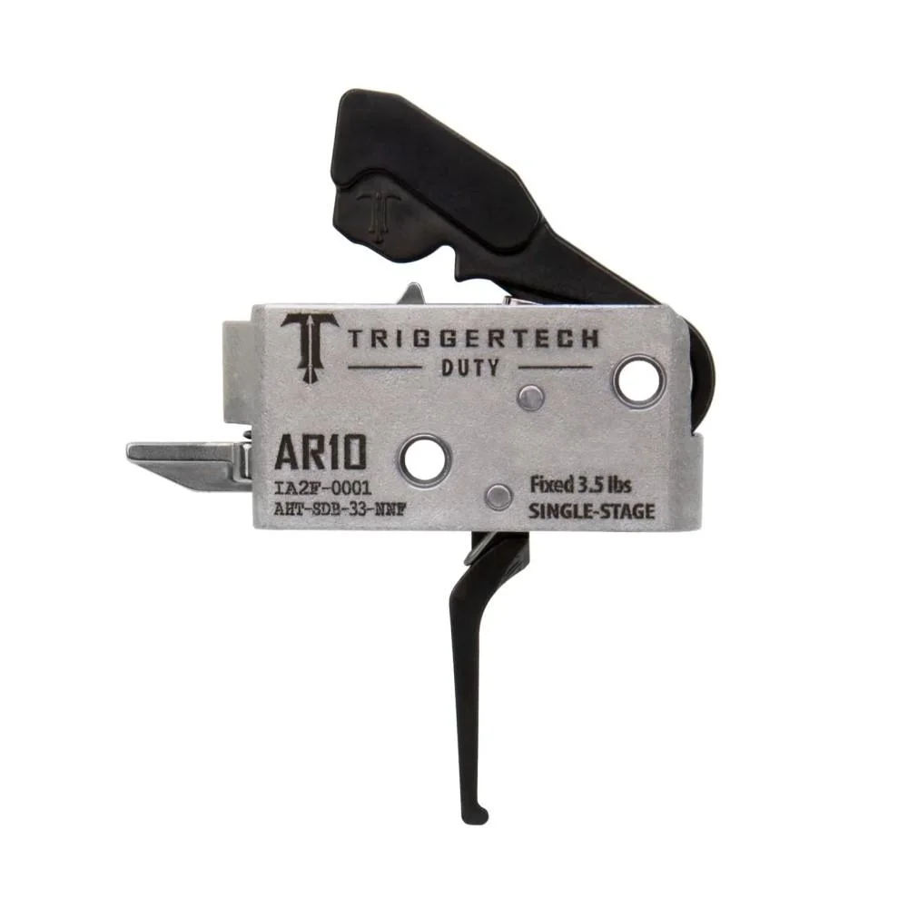 primary-52592 TriggerTech TRIGRTECH AR10 DUTY FLAT 3.5LB BLK, side view of silver housing and black flat trigger