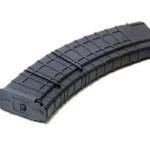 ProMag AK-74 black curved polymer magazine, angled side view with ribbed body