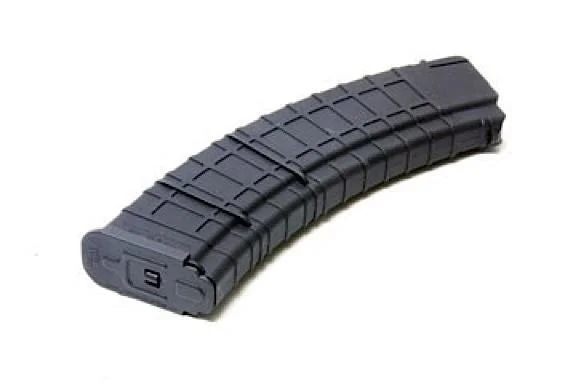 primary-52601 ProMag AK-74 black curved polymer magazine, angled side view with ribbed body