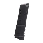 ProMag Steel Handgun Magazine Glock 43, black magazine angled upright with extended base