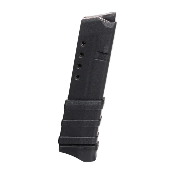 ProMag Steel Handgun Magazine Glock 43, black magazine angled upright with extended base