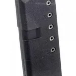 ProMag Glock 43 magazine, black front view with polymer body, witness holes and baseplate
