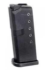ProMag Glock 43 magazine, black front view with polymer body, witness holes and baseplate