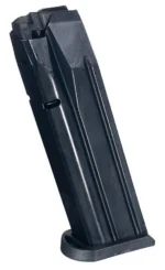 Promag Handgun Magazine CZ P10-C, blued steel magazine in angled side view with black baseplate