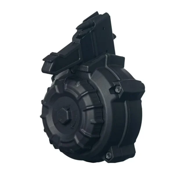 Promag SKS AK magazine, black polymer drum in angled front view with ridged circular housing