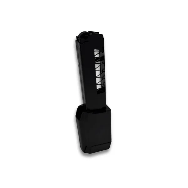 ProMag Hi-Point JPX handgun magazine, black, upright side view with extended base