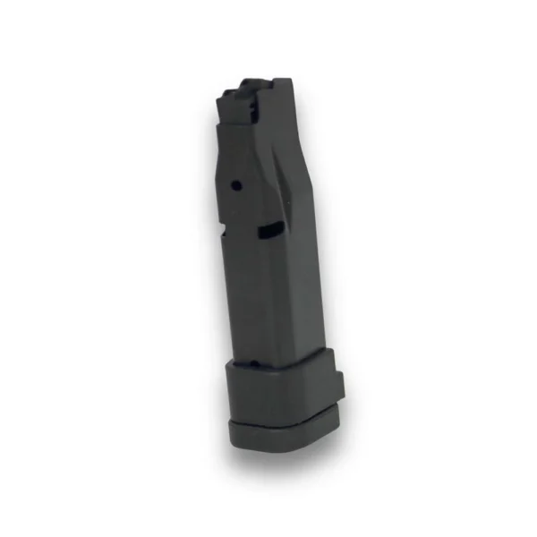 ProMag Ruger LCP Max black handgun magazine, angled front view with extended baseplate