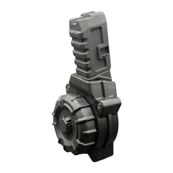 ProMag Springfield Armory Kuna Drum black drum magazine, angled front view with extended tower