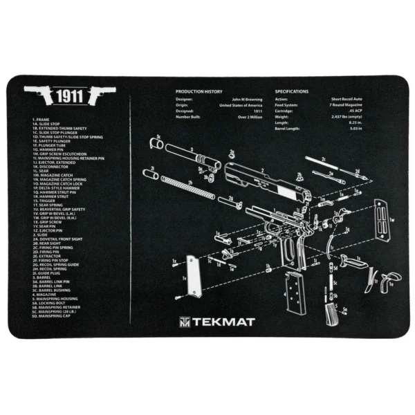 Gsm TekMat 11x17 Gun Cleaning Mat 1911, black mat with white exploded handgun diagram