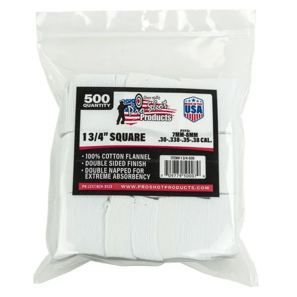 Pro-Shot 1 3/4 Inch Square Cotton Patches, clear bag of white patches with product label