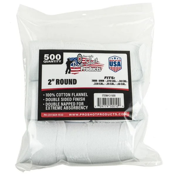 Pro-Shot 2-inch Round Cotton Patches, front view of clear bag filled with white patches