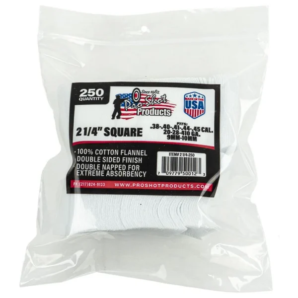 PRO-SHOT PATCH .35-.45CAL 2 1/4 250 clear bag of white square patches, front view