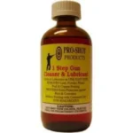 Pro-Shot 1-Step Gun Cleaner & Lubricant amber bottle with tan cap and yellow label, front view