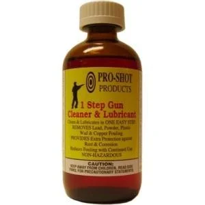 Pro-Shot 1-Step Gun Cleaner & Lubricant amber bottle with tan cap and yellow label, front view