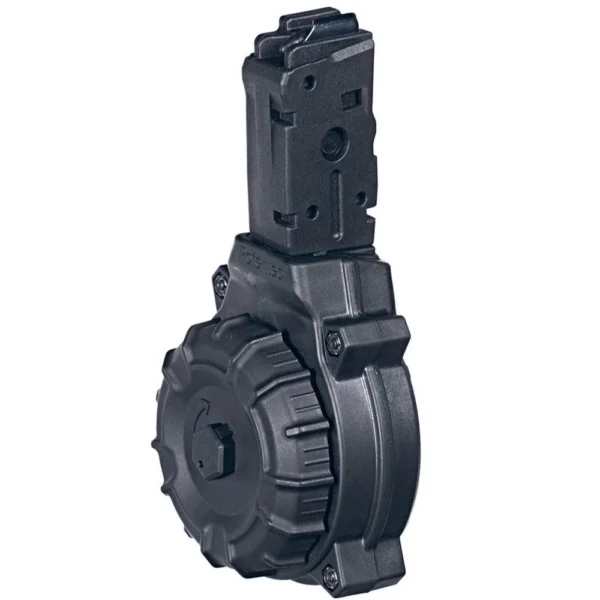 Promag Handgun Drum Magazine, black polymer side view with round drum and tall feed tower
