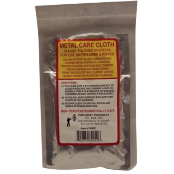 PRO-SHOT METAL CARE CLOTH sealed silver packet shown from the front with red-bordered label