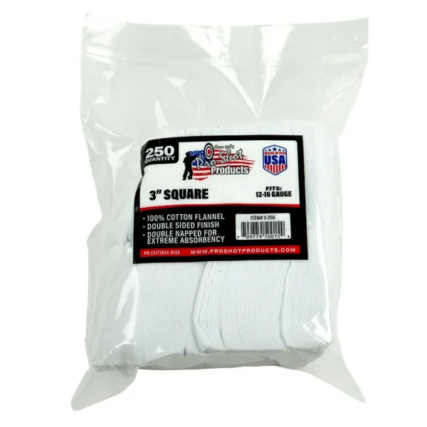 PRO-SHOT PATCH 12-16 GAUGE 3 250CT clear bag of white square patches, front view