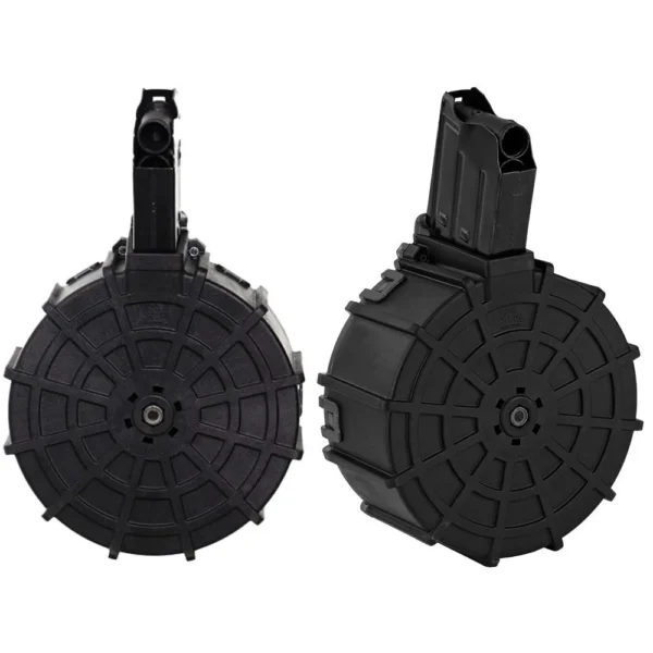 Promag Akdal MKA 1919 Drum Magazine, black front and rear views with round polymer drum body