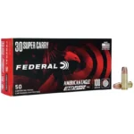 Federal American Eagle Handgun Ammunition black and red box with two cartridges, front view